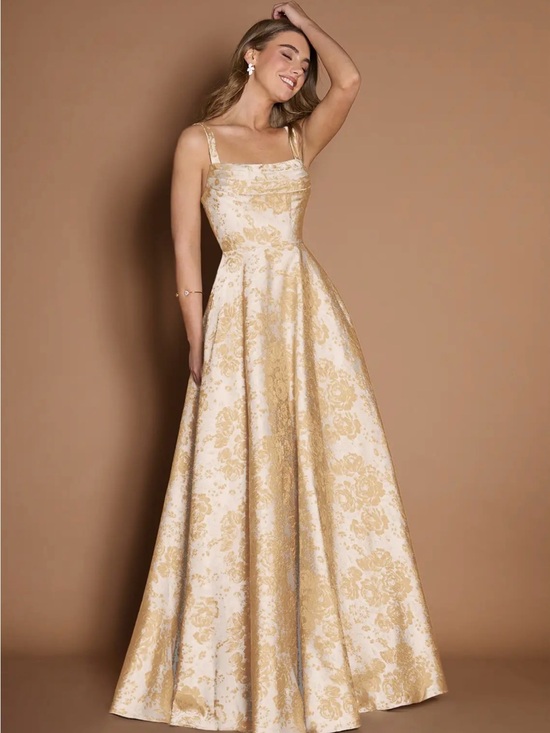 Azazie Dresses & Skirts - Azazie Gold and Cream Floral Jacquard Maxi Dress
